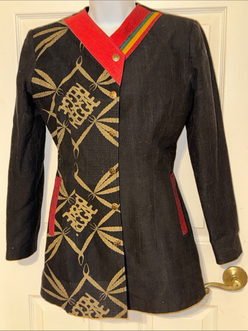 REGGAE Jacket - Black Patterned Long with Red Trim, for men or women size 38